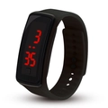 Detail view of the black silicone LED sports bracelet with bright red digital display - Black