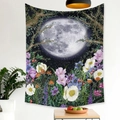 Detail of bohemian moon phase tapestry with colorful wildflowers on white wall decor - Mystical Night Garden Moon (Style-8)