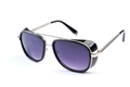 Details von Metall-Doppelsteg und lila Verlaufsgläsern an der Retro-Schild-Sonnenbrille - Schwarzer Rahmen Silberne Bügel Schwarze Gläser