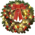 Couronne de Noël illuminée avec LED, grand nœud rouge et boules de décoration - Couronne De Noël B (lumineuse) | 33 Cm