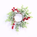 Detailed top view of a festive Christmas candle ring with red berries and snowy leaves - 8cm Red Berries Eucalyptus Ring