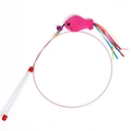 Pink wire cat wand with plush fish pendant, multi-colored ribbons, and small bell - Steel Wire Teaser Stick - Fish