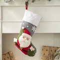 Gray and white Christmas stocking with 3D Santa and snowflake patterns, hanging by a fireplace - Large 3D Santa Style (Grey/White) / 28*45cm