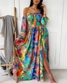 Lange maxi-jurk met barokprint en hoge split, off-shoulder model in zijdeachtig bont - S / Koningsblauw