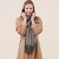 Taupe thick wool cashmere scarf with elegant fringe tassels for winter warmth - Shrimp Color