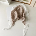 Close-up of floral headscarf featuring purple flower patterns and white lace edges - Small Floral Lace / Off White