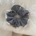 Detail of checkered hair scrunchie with tiny white bows and decorative pearls - Cream Pearl Style