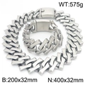 Set gioielli catena cubana da 32mm in acciaio inossidabile argento, collana e bracciale - Set in Acciaio Sabbiato (KS221714-KJX) / Collana 40cm + Bracciale 20cm