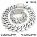 Set gioielli hip hop argento con catena a maglie grosse da 32mm collana e braccialetto - Set in Acciaio Sabbiato (KS221715-KJX) / Collana 42cm + Bracciale 22cm