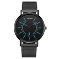 Minimalist black quartz men's watch with blue markers and stainless steel mesh strap - Blue Hands Black Dial Black Strap