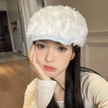 White beret featuring 3D floral texture and vintage Japanese style for women - 3D Camellia - White