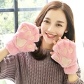 Close-up of pink plush cat paw fingerless gloves with soft 3D paw pads for winter - One Size / Pink