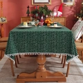 Mantel navideño de cuadros verdes y negros con pompones blancos y copos de nieve - 60*60cm / Cuadros Verdes Pequeños con Bolas Blancas