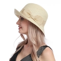 Elegant beige straw sun hat with large side bow accent and stylish rolled brim for women - M / Beige
