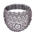 Detail view of grey lace headband with pearl and rhinestone accents on white background - Gray