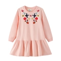 Pink cotton girls long-sleeve dress with detailed bird and flower embroidery - 4T / Pink