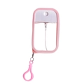 Close-up of pink 50ml card spray bottle with matching keychain hook on white background - Set with Silicone Sleeve / Pink