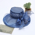 Elegante cappello da sole in organza blu reale con grande fiore in rete - Regolabile / Blu navy con bordo nero