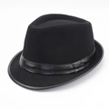 Klassischer schwarzer Fedora-Hut aus Wollfilz mit Lederband in Studioaufnahme - L (58-60cm) / Leder Schwarz