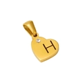 Close-up of golden heart pendant with hollow H letter and inlaid small clear gemstone - Letter H