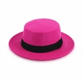 Classic magenta flat top wool felt hat with black ribbon, professional side view - Kids Size (54cm) / With Decorative Band / Rose Red