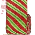 6.3cm Christmas ribbon roll with red glitter stripes and green stitched edges - Christmas Ribbon Red Green Stripe