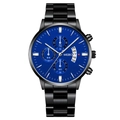Men's business quartz watch with dark blue matte dial and black steel strap - Black Case Blue Dial Silver Accents