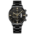 Business men's black stainless steel watch with gold indices and chronograph dials - Black Case Black Dial Gold Accents