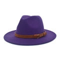 Dark purple wide brim fedora hat with brown suede band and gold buckle detail - M (56-58cm) / Purple