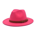 Stylish rose red wool fedora hat with a brown decorative band and golden buckle - M (56-58cm) / Rose Red