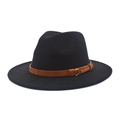 Classic black wide brim fedora hat with brown band and decorative metal buckle - M (56-58cm) / Black