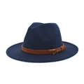 Classic navy blue wool felt fedora hat for men and women with brown belt buckle - M (56-58cm) / Navy Blue