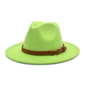 Detail of neon green fedora hat featuring a brown faux leather band and gold buckle - M (56-58cm) / Fruit Green