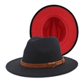 Classic wide brim fedora hat in black wool felt with red bottom and gold buckle band - M (56-58cm) / Black