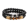 Set di bracciali con perle occhio di tigre e nero opaco con ciondoli a corona - Set Platino