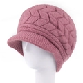 Gorro de punto trenzado rosa empolvado de doble capa con visera y pelo suave - Talla única / Estilo Doble Flecha / Violeta Claro