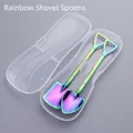 Rainbow plated stainless steel shovel spoon set with two pieces and a plastic storage case - Transparent Portable Box (No Product)