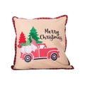 Funda de cojín de lino beige con camión rojo, gnomos y borde de cuadros rojos y negros - Estilo Camión Gnomo
