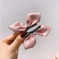 Set of two pink satin bow hair clips for girls with black metal duckbill fasteners - Korean Pink Satin Bow Pair