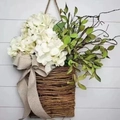 Hanging basket with white hydrangeas and green leaves on a white shiplap wall background - Style 1 Polka Dot Bow / 38cm Standard Pack