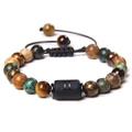 Detail of beaded Gemini zodiac bracelet with tiger eye stones and adjustable black cord - Gemini-Braided Cord