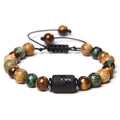 Tiger eye and turquoise stone beaded bracelet with Capricorn zodiac symbol on black cord - Capricorn-Braided Cord