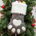 Gray felt dog paw Christmas stocking with white plush heart and snowflake paw pads - Dog Paw / Gray