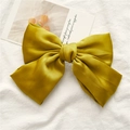 Elegant large satin bow hair clip in mustard yellow finish on white linen fabric - Spring Clips / Grass Green