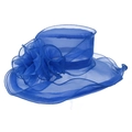 Elegant royal blue organza sun hat for women featuring a large floral side decoration - One Size / Blue