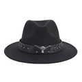Close-up of black fedora with leather band featuring silver bull head and metal studs - Black Bull Skull Leather