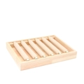 Detail of wooden jewelry display tray with six beige velvet pillars and gold metal accents - Beige Ring Bar Display Tray / Beige