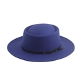 Detail view of blue felt boater hat with black faux leather strap and bronze metal buckle - Royal Blue - Belt