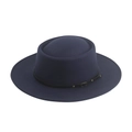 Detail of navy wool flat top hat featuring black leather band and bronze metal buckle - Navy Blue - Belt
