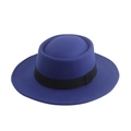Chapeau canotier bleu classique en feutre de laine avec calotte plate et ruban noir décoratif - 58cm / Bleu Royal - Ruban